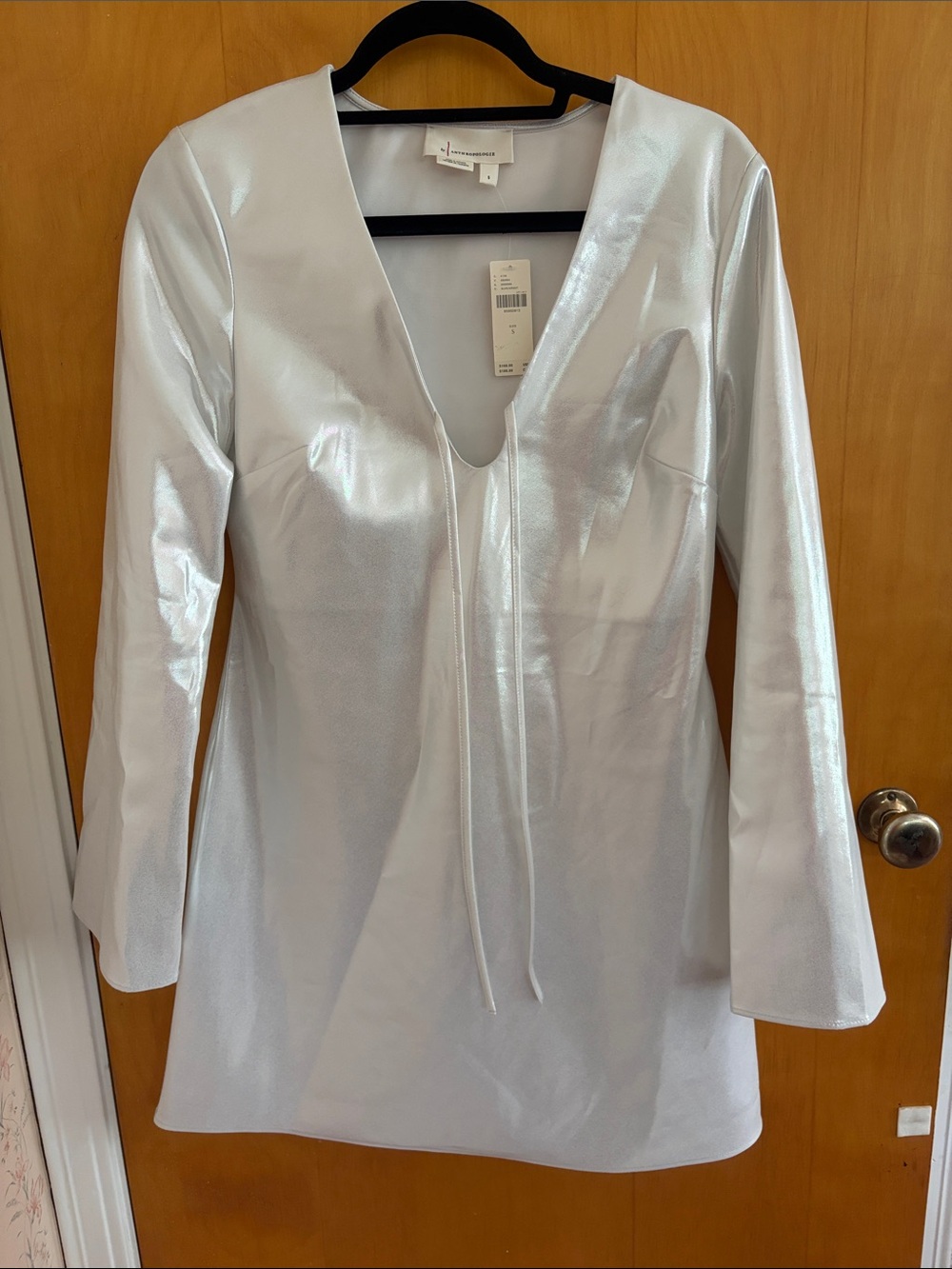 Shiny Silver V-Neck Mini Dress with Tie Detail